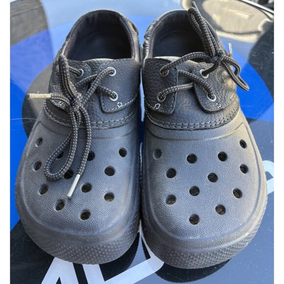 Crocs Islander Boat Shoes Mens Size 10 M Black Leather Casual Lace Up Slip On - Picture 1 of 7